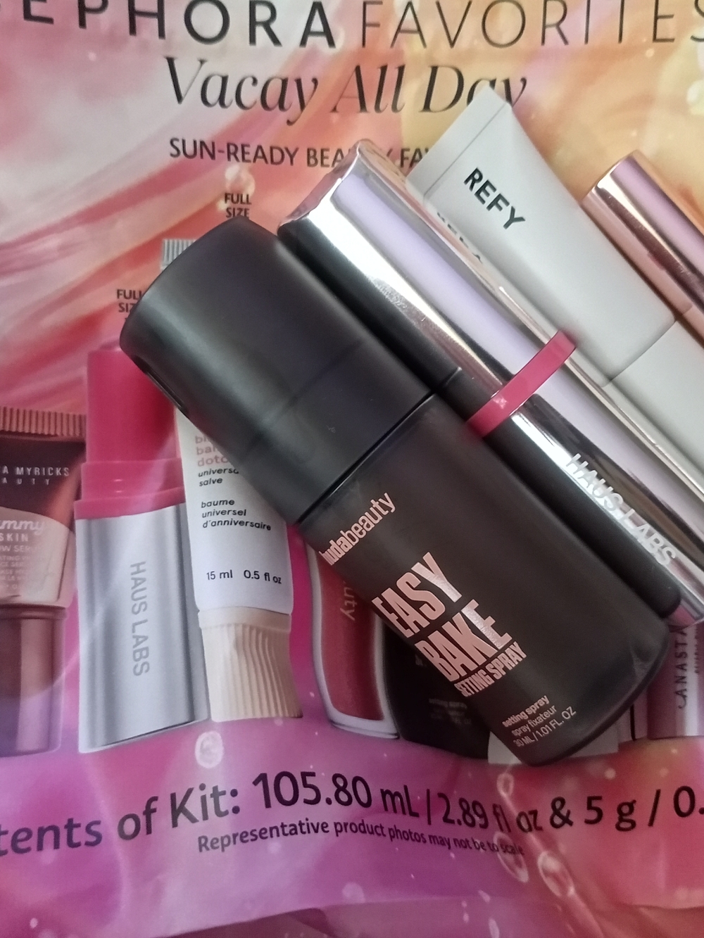 Huda Beauty Easy Bake Setting Spray,Refy Lip Gloss Clear, Haus Labs Cheek